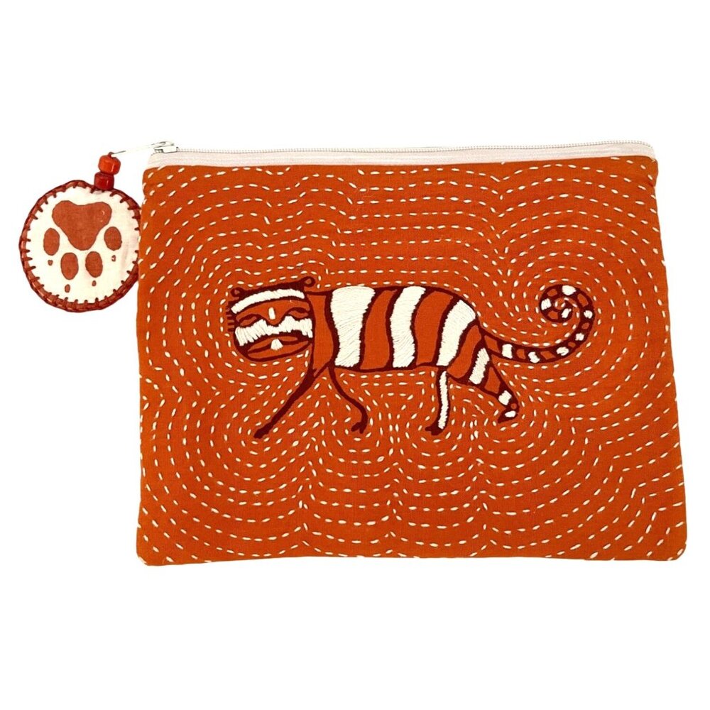 Tiger India Embroidered Cotton Zipper Cosmetic Bag Purse Travel Organizer Pouch